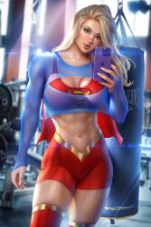 1girls abs absurd_res absurdres ayyasap big_breasts blonde_hair blue_eyes blue_shirt bra breasts busty cape cleavage clothed clothed_female clothing dc dc_comics female female_focus female_only fit fit_female freckles gym gym_clothing gym_equipment high_resolution highres hips holding_phone holding_smartphone iphone kara_zor-el kryptonian large_breasts large_filesize light-skinned_female light_skin long_hair looking_at_viewer muscular muscular_female navel parted_lips phone punching_bag red_cape red_clothes red_clothing red_shorts red_sports_bra red_thighhighs see-through_top see_through_shirt shirt shorts smartphone solo solo_female solo_focus sports_bra standing stomach supergirl superheroine superman_(series) thick_thighs thighhighs thighs thunder_thighs toned toned_arms toned_body toned_female toned_stomach very_high_resolution