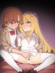 +_+ 2020s 2022 2girls bar_censor blonde_hair blush bow brown_hair brown_loafers censored fingering fingering_partner flower frip hair_flower hair_ornament head_rub highres loafers long_hair misaka_mikoto multiple_girls no_bra no_pants open_mouth pointless_censoring pussy pussy_juice red_bow school_uniform schoolgirl shokuhou_misaki short_hair socks steam_from_mouth teenage_girl teenager teenager_on_teenager thigh_socks thighhighs to_aru_kagaku_no_railgun to_aru_majutsu_no_index tokiwadai_school_uniform trembling white_socks young yuri