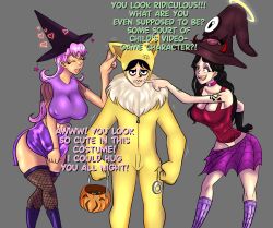 aiko_hajime_shin collar female halloween hypno hypno_(cosplay) hypnotico large_breasts lilian_palmer male meme original pendulum pink_hair pokémon_(species) pokemon pokemon_(species) saimin_(hypnotico) skirt standing tattoo text witch witch_hat