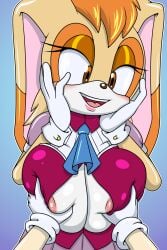 anthro areola big_breasts blush breast_grab breast_squeeze breasts brown_eyes clothed clothing female gloves hi_res lagomorph looking_down milf offscreen_character orange_hair rabbit sega sonic_(series) sonic_the_hedgehog sonic_the_hedgehog_(series) sonicguru tan_body tan_fur vanilla_the_rabbit