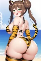 1girls ai_generated alternate_eye_color ass back back_view beach bikini breasts bubble_butt dat_ass female female_only game_freak green_eyes hips huge_ass huge_breasts large_breasts light-skinned_female light_skin long_hair nai_diffusion nintendo outdoors pokemon pokemon_bw2 rosa_(pokemon) smile stable_diffusion tail_accessory thick_thighs thighs tiger_print tiger_print_bikini twin_buns twintails wide_hips