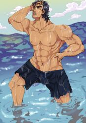 1boy abs black_hair black_hair_male blue_eyes blue_eyes_male boxers covered_in_water jojo's_bizarre_adventure jotaro_kujo male male_only muscular muscular_arms muscular_male ocean shirtless solo solo_male stardust_crusaders underwear wet