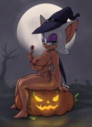 1girls anthro areolae barefoot bat bedroom_eyes big_breasts bikini furry halloween holidays humanoid lollipop looking_at_viewer micro_bikini orange_bikini orange_swimsuit pumpkin rouge_the_bat ruruduu sega side_view sonic_(series) sonic_the_hedgehog_(series) swimsuit thick_thighs witch_hat