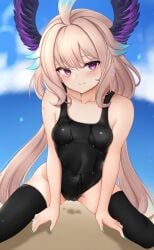 1girls ahoge bare_shoulders black_swimsuit blue_hair cream_hair enna_alouette exposed_shoulders hair_wings head_wings honon legwear nijisanji nijisanji_en one-piece_swimsuit purple_eyes small_breasts solo solo_female solo_focus swimsuit thighhighs virtual_youtuber water_drop wet_clothes white_hair