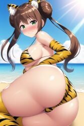 1girls ai_generated alternate_eye_color ass back back_view beach bikini breasts bubble_butt dat_ass female female_only game_freak green_eyes hips huge_ass huge_breasts large_breasts light-skinned_female light_skin long_hair nai_diffusion nintendo outdoors pokemon pokemon_bw2 rosa_(pokemon) smile stable_diffusion thick_thighs thighs tiger_print tiger_print_bikini twin_buns twintails wide_hips