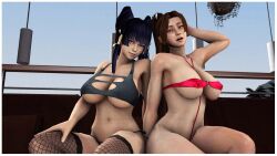 2girls 3d big_breasts black_hair brown_hair dead_or_alive fatal_fury female female_only king_of_fighters mai_shiranui nyotengu onagi snk stockings tagme