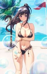 1girls bangs bare_shoulders beach bikini black_bikini black_hair blurry_background blush breasts bubble closed_mouth collarbone earrings eyewear_on_head female female_only highleg_bikini highleg_swimsuit inoue_takina large_breasts light-skinned_female light_skin long_hair lycoris_recoil navel outdoors palm_tree ponytail purple_eyes sand solar_(happymonk) solo standing string_bikini sunglasses sunglasses_on_head sweat swimsuit thighs