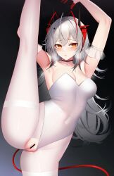 absurdres alternate_costume alternate_hair_length alternate_hairstyle antenna_hair arknights armpits arms_up ateoyh bangs bar_censor black_background black_choker blush breasts censored choker cleavage closed_mouth clothing_aside collarbone covered_navel crotchless crotchless_pantyhose demon demon_girl demon_horns demon_wings female gradient gradient_background grey_background grey_hair highres horns leg_up leotard leotard_aside long_hair looking_at_viewer multicolored_hair pantyhose photoshop_(medium) pussy red_hair solo split standing standing_on_one_leg standing_split strapless strapless_leotard thighband_pantyhose two-tone_hair very_long_hair w_(arknights) white_leotard wings yellow_eyes