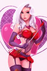 1girls arrow ashe_(league_of_legends) black_panties blue_eyes bra breasts covered_navel dominatrix female_only garter_straps gloves heart_background heartbreakers_series heartseeker_ashe holding_arrow large_breasts league_of_legends leotard long_hair looking_at_viewer microskirt midriff navel panties raichiyo33 red_bra red_skirt riot_games skirt solo_female thick_thighs thighhighs white_hair wide_hips