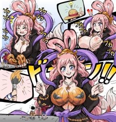 1girl 1girls 2boys big_breasts black_dress black_hair_male blue_eyes blue_eyes_female bodypaint bracelet breasts brush bunny_ears cleavage collarbone crying crying_with_eyes_closed earrings eyebrows eyelashes female female_focus funny giantess gigantic_breasts halloween_costume huge_breasts large_breasts lewdamone light-skinned_female lightbulb long_hair long_hair_female male mermaid mermaid_giantess monkey_d_luffy necklace one_piece open_mouth orange_earrings paint_on_breasts painted_breasts pink_eyebrows pink_hair pink_hair_female princess pumpkin pumpkin_boobs purple_ribbon rabbit_ears removing_clothing ribbon robe shiny_skin shirahoshi shounen_jump smaller_male star_earrings star_necklace sweat sweatdrop sweating sweaty_body usopp vhfd voluptuous voluptuous_female wholesome