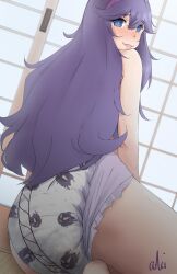 1girls akisada ass blue_eyes blush diaper ghastly hairband hex_maniac long_hair looking_at_viewer looking_back nintendo pokemon purple_hair sitting_on_floor window wooden_floor