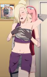 2girls arm_around_neck arm_behind_head arm_up blonde_hair breast_grab breasts closed_eyes clothing female female/female female_only gloves grabbing grabbing_from_behind green_eyes groping hair_over_one_eye implied_sex ino_yamanaka kissing kissing_neck moaning multiple_girls naruto naruto_(series) naruto_shippuden no_panties off_shoulder open_mouth optimystic pink_hair ponytail sakura_haruno shirt skirt source_request standing tied_hair tubetop yuri