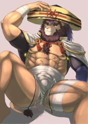 abs absurd_res ajirogasa anthro asian_clothing bandage biceps brown_body brown_fur bulge clothing detailed_bulge east_asian_clothing felid fundoshi fur hat headgear headwear hi_res japanese_clothing lifewonders lion live-a-hero male male_only mammal muscular muscular_anthro muscular_male nipples pantherine pecs samurai scar sige315 solo straw_hat toshu_(live_a_hero) underwear video_games warrior