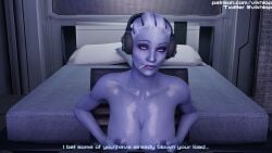 1girls 3d asari big_breasts blender comic_panel english_text female female_only headphones liara_t'soni mass_effect omni-tool partially_clothed solo streamer streaming sweat text vikhlop x-ray