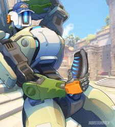 baseball_cap bastion_(overwatch) blizzard_entertainment clothing detailed_background genitals glowing glowing_genitalia glowing_penis gun hat headgear headwear hi_res humanoid machine male metallic_body no_ears overwatch penis qwertydragon ranged_weapon robot solo video_games weapon