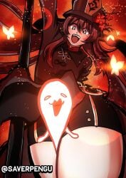 1girls between_legs between_thighs brown_hair closed_eyes genshin_impact ghost happy hat hu_tao_(genshin_impact) polearm red_eyes saverpengu shorts smile stuck thick_thighs top_hat twintails