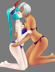 2girls bikini blue_bikini blue_hair blue_swimsuit breast_squish breasts cia_(the_legend_of_zelda) closed_eyes dragonrage facial_markings hair_ornament hand_on_arm hand_on_hip hand_on_thigh hugging hyrule_warriors kissing kneeling lana_(the_legend_of_zelda) large_breasts medium_breasts multiple_girls nintendo purple_bikini purple_swimsuit selfcest short_hair side-tie_bikini side-tie_swimsuit side_ponytail strapless strapless_bikini strapless_swimsuit swimsuit the_legend_of_zelda white_hair yuri