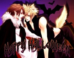 2boys animal_ears animal_tail bats blonde_hair blue_eyes clothed cloud_strife crossover dissidia fangs final_fantasy final_fantasy_vii final_fantasy_viii halloween male male_only open_mouth sharp_ears sharp_fangs sharp_teeth squall_leonhart tail vampire vampire_fangs werewolf wolf_ears wolf_tail