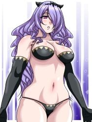 1girls black_panties bra breasts camilla_(fire_emblem) elbow_gloves female female_only fire_emblem fire_emblem_fates from_below gloves hair_over_one_eye horns inabakun00 long_hair medium_breasts nintendo panties pink_eyes purple_hair solo underwear very_long_hair