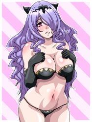 1girls black_panties bra breasts camilla_(fire_emblem) elbow_gloves female female_only fire_emblem fire_emblem_fates gloves hair_over_one_eye inabakun00 large_breasts long_hair nintendo panties pink_eyes purple_hair smile solo underwear very_long_hair