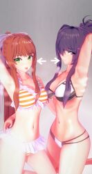 2girls arm_up armpits arms_behind_head arms_up arrow arrows bikini black_and_white_bikini bow brown_hair doki_doki_literature_club duo female female_only green_eyes koikatsu looking_at_viewer mashirosolera monika_(doki_doki_literature_club) ponytail purple_eyes purple_hair steam steamy striped_bikini sweaty_armpits tongue tongue_out white_bow yellow_bikini yuri_(doki_doki_literature_club)