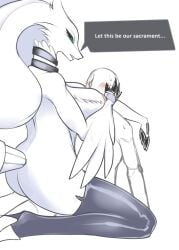 anon anthro back_turned big_breasts blush crossman dragon dragon_girl female female_pokemon fluffy fluffy_tail hand_on_head hands_behind_head holding_head human_on_pokemon latex latex_thighhighs legendary_pokémon long_eyelashes nintendo nipples pokémon_(species) pokemon reshiram reshiram_(thiccwithaq) sitting sitting_on_lap text text_bubble thick_thighs thighhighs visible_nipples white_background white_fur wrapped_around_another