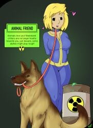 animal_holding_leash bigbonesart bondage canine clothing collar dog_collar dogmeat dominant_feral english_text fallout fallout_4 female femsub fully_clothed gameplay_mechanics human jumpsuit leash male mob_face neckwear submissive text tight_clothing vault_girl vault_suit zoophilia