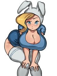 adventure_time ass big_ass big_breasts blonde_hair blue_eyes blush breasts eyebrow_raise female female_only fionna_the_human_girl hands_on_knees kneehighs looking_at_viewer pokpa shluv98bu skirt thick_thighs thigh_highs thighhighs wide_hips