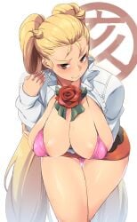 1girls arm_under_breasts big_breasts bikini blonde_female blonde_hair blush blushing_at_viewer bow bowtie breast_hold breasts center_frills cleavage clenched_teeth collarbone cone_hair_bun covered_nipples cowboy_shot female female_focus female_only flower frilled_shirt frills hair_bun halterneck hi_res high_resolution highres inou_toshiko juuni_taisen large_breasts leaning_forward light-skinned_female light_skin long_hair long_sleeves looking_at_viewer minakami miniskirt open_clothes open_mouth open_shirt orange_skirt pink_bikini rose shy sitting skindentation skirt solo solo_female solo_focus sweat swimsuit teeth thigh_gap twintails very_long_hair white_background white_shirt yellow_eyes