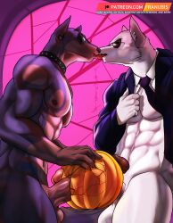 2022 5_fingers abs anthro balls black_body black_nose brown_body canid canid_demon canine canis clothed clothing collar demon dobermann dobermann_guard_(helluva_boss) domestic_dog double_penetration duo earpiece eyewear fingers food franubis fruit fucking_pumpkin fur genitals halloween hellhound helluva_boss hi_res holidays humanoid_genitalia humanoid_penis kissing looking_at_another looking_at_partner male male/male mammal muscular muscular_anthro muscular_male necktie nipples open_mouth partially_clothed penetration penis pinscher plant pumpkin signature suit sunglasses teeth tongue tongue_out white_body white_fur wolf wolf_guard_(helluva_boss)