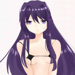 1girls bikini black_bikini doki_doki_literature_club female nipples_visible_through_clothing nyaan_(artist) purple_eyes purple_hair simple_background solo standing sweat sweatdrop uncertain white_background yuri_(doki_doki_literature_club)