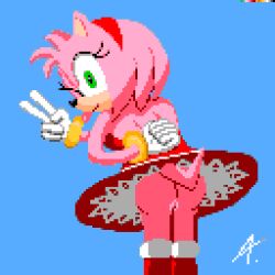 1:1 amy_rose anthro bottomless bottomless_female clothed clothing digital_media_(artwork) dress eulipotyphlan female fur genitals gesture green_eyes hand_behind_back hedgehog low-angle_view mammal pink_body pink_fur pixel_(artwork) pussy red_clothing red_dress sega shaded signature solo sonic_(series) sonic_the_hedgehog_(series) tongue tongue_out unknown_artist unknown_artist_signature upskirt v_sign