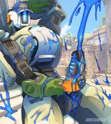 baseball_cap bastion_(overwatch) blizzard_entertainment blue_cum bodily_fluids clothing colored_cum cum cum_on_self detailed_background genital_fluids genitals glowing glowing_genitalia glowing_penis gun hat headgear headwear hi_res humanoid machine male metallic_body no_ears not_furry overwatch penis qwertydragon ranged_weapon robot solo sweat unusual_bodily_fluids unusual_cum unusual_genital_fluids video_games weapon