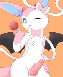 2022 4_fingers absurd_res aleuoliver anthro balls eeveelution erection fingers fur generation_6_pokemon genitals hand_on_hip hi_res horn male male_only male_sylveon navel nintendo one_eye_closed orange_background penis pink_body pink_ears pink_fur pink_tongue pokemon pokemon_(species) pose simple_background solo sylveon tongue video_games white_body white_fur wings