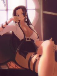 arm_strap black_hair blue_eyes boa_hancock bored_expression crossed_legs earrings female female_only no_bra one_piece opalisart short_skirt thigh_strap thighs unbuttoned_shirt white_shirt