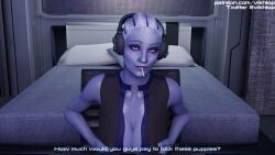 1girls 3d asari big_breasts blender comic_panel english_text headphones liara_t'soni mass_effect omni-tool partially_clothed streamer streaming sweat text vikhlop x-ray