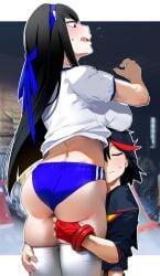 2girls ass ass_worship bakkanki big_ass big_breasts black_hair bloomers blue_eyes boob_hat breasts breasts_on_head buruma female fingerless_gloves huge_ass human incest kill_la_kill kiryuuin_satsuki long_hair matoi_ryuuko midriff multiple_girls satoriwappa short_hair shorts siblings sisters socks thick_thighs thigh_grab thigh_hug thigh_socks thighhighs tomboy white_socks yuri