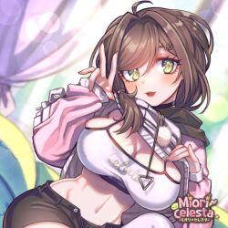 1girls big_breasts breasts busty cleavage female female_only fit fit_female indie_virtual_youtuber light-skinned_female light_skin midriff miori_celesta navel solo sports_bra sweater_lift tsunderia virtual_youtuber