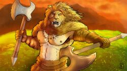 abs anthro armpit_hair axe blonde_hair blonde_mane body_hair bottomwear clothing conan_siranith dual_wielding fangs felid fur fur_collar hair holding_object holding_weapon jewelry kirlanlion lion loincloth looking_at_viewer male mammal mane melee_weapon muscular muscular_anthro muscular_male necklace nipples pantherine pecs shoulder_cape solo tan_body tan_fur tusks weapon yellow_body yellow_fur