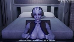 1girls 3d asari big_breasts blender comic_panel english_text headphones liara_t'soni mass_effect omni-tool partially_clothed streamer streaming sweat text vikhlop x-ray