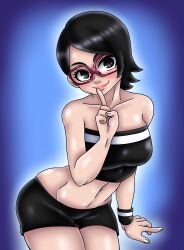 1girls abs bare_arms bare_legs bare_shoulders belly_button bimbo black_eyes black_hair blush booty_shorts boruto:_naruto_next_generations clothed clothing erobanana female female_focus female_only finger_to_mouth glasses hi_res highres light-skinned_female light_skin lips lipstick looking_at_viewer medium_breasts minishorts naruto naruto_(series) pale-skinned_female pale_skin perky_breasts pink_lips pink_lipstick pinup sarada_uchiha short_hair short_shorts shorts shounen_jump skimpy_clothes smile smiling smiling_at_viewer solo solo_female solo_focus thighs tight_clothing tomboy toned toned_female tubetop underwear voluptuous wide_hips wristband