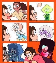 1boy 6+girls amethyst_(steven_universe) blush cartoon_network connie_maheswaran funny garnet_(steven_universe) gem_(species) gnome-no happy_female harem impregnation lapis_lazuli_(steven_universe) pearl_(steven_universe) peridot_(steven_universe) pregnancy_test smile steven_quartz_universe steven_universe wholesome