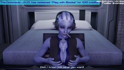 1girls 3d asari big_breasts blender comic_panel english_text headphones liara_t'soni mass_effect omni-tool partially_clothed streamer streaming sweat text vikhlop x-ray