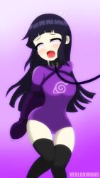 1girls black_hair bondage breasts collar crying_with_eyes_open hyuuga_hinata lavender_eyes leash leotard long_hair looking_at_viewer medium_breasts monoglove naruto purple_background purple_leotard tears thighhighs verloxwong