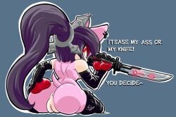 anthro anus ass dominatrix elbow_gloves english_text femdom implied_femdom knife latex looking_at_viewer looking_back_at_viewer pussy samfoxslayer sonic_(series) star_the_spineless_hedgehog weapon