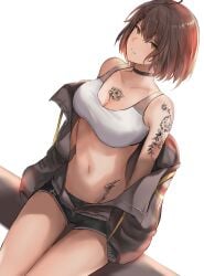 1girls azur_lane baltimore_(azur_lane) baltimore_(black_ace)_(azur_lane) bangs bare_shoulders belly belly_button big_breasts black_choker braid breasts brown_eyes brown_hair brown_jacket chest_tattoo choker cleavage collarbone crop_top crossed_bangs female female_focus female_only flower_tattoo jacket large_penis liaowen light-skinned_female light_skin long_sleeves looking_at_viewer navel off_shoulder official_alternate_costume only_female open_clothes open_jacket open_mouth parted_lips short_hair short_shorts shorts shoulder_tattoo simple_background sitting solo solo_female solo_focus stomach tattoo tattoos white_background