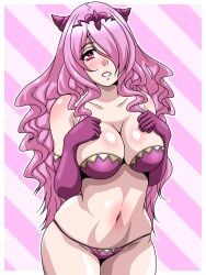 1girls alternate_color alternate_hair_color black_panties bra breasts camilla_(fire_emblem) elbow_gloves female female_only fire_emblem fire_emblem_fates gloves hair_over_one_eye horns inabakun00 large_breasts long_hair nintendo panties pink_eyes pink_hair smile solo underwear very_long_hair