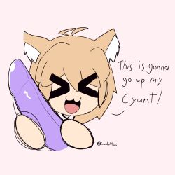 animal_humanoid blonde_hair cat_humanoid closed_eyes dildo english_text exclamation_point felid felid_humanoid feline feline_humanoid female hair hi_res holding_dildo holding_object holding_sex_toy humanoid inner_ear_fluff lewdestkiwi mammal mammal_humanoid neco-arc open_mouth sex_toy solo text tuft