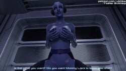 1girls 3d asari big_breasts blender comic_panel english_text female female_only headphones liara_t'soni mass_effect omni-tool partially_clothed solo streamer streaming sweat text vikhlop x-ray