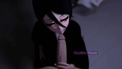 1boy 1boy1girl 1girls 3d animated barefoot big_penis black_hair bleach blinking blowjob deep_blowjob deepthroat_mark eye_contact fellatio female_focus high_resolution kimono kneeling kuchiki_rukia large_penis long_hair male/female male_pov no_sound on_knees oral oral_sex penis_in_mouth pov purple_eyes robe shad0w_hawk sucking sucking_penis uncensored unseen_male_face video wafuku watermark